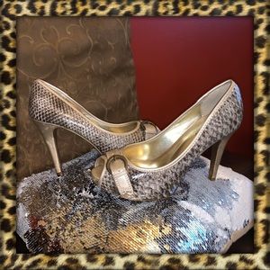 Faux Snakeskin and Gold Buckle Heels | Size 8